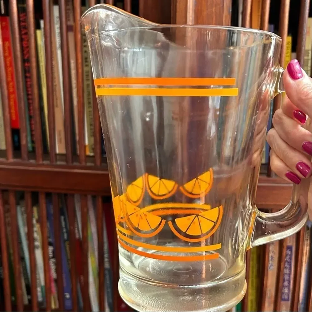 Vintage Clear Glass Pitcher with Orange Slice Design